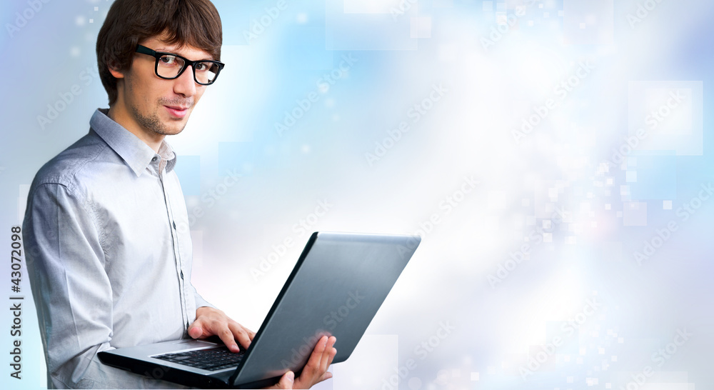 Business man working with his modern computer and virtual interf Business man working with his modern computer and virtual interf