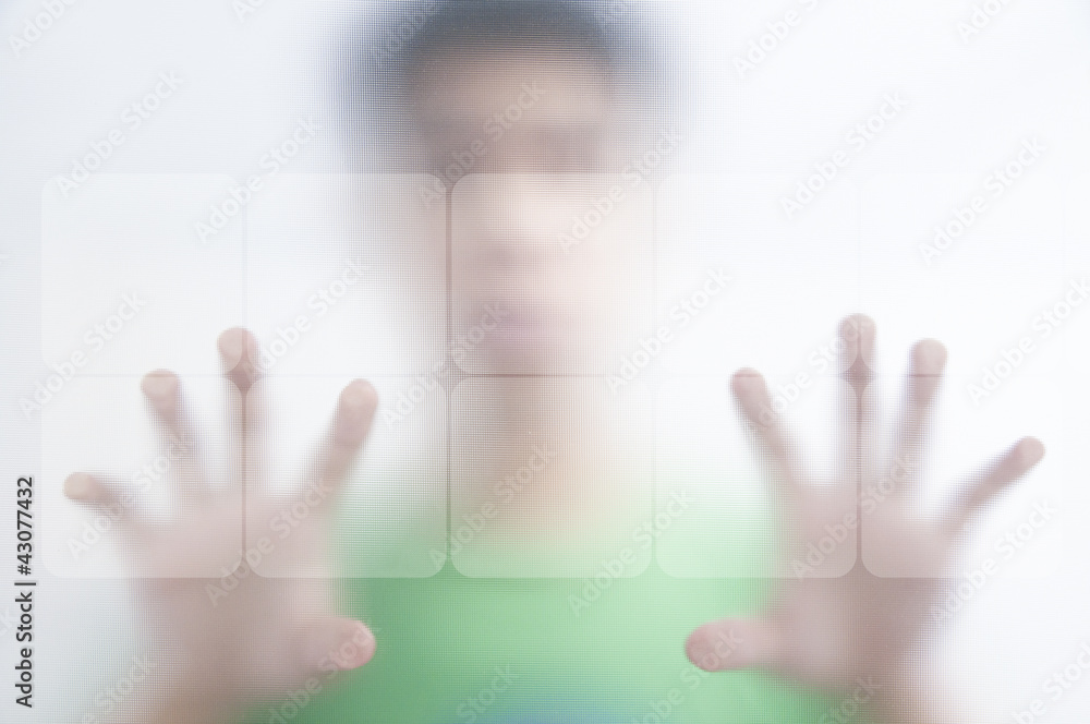 Man pushing the screen on transparent screen Man pushing the screen on transparent screen