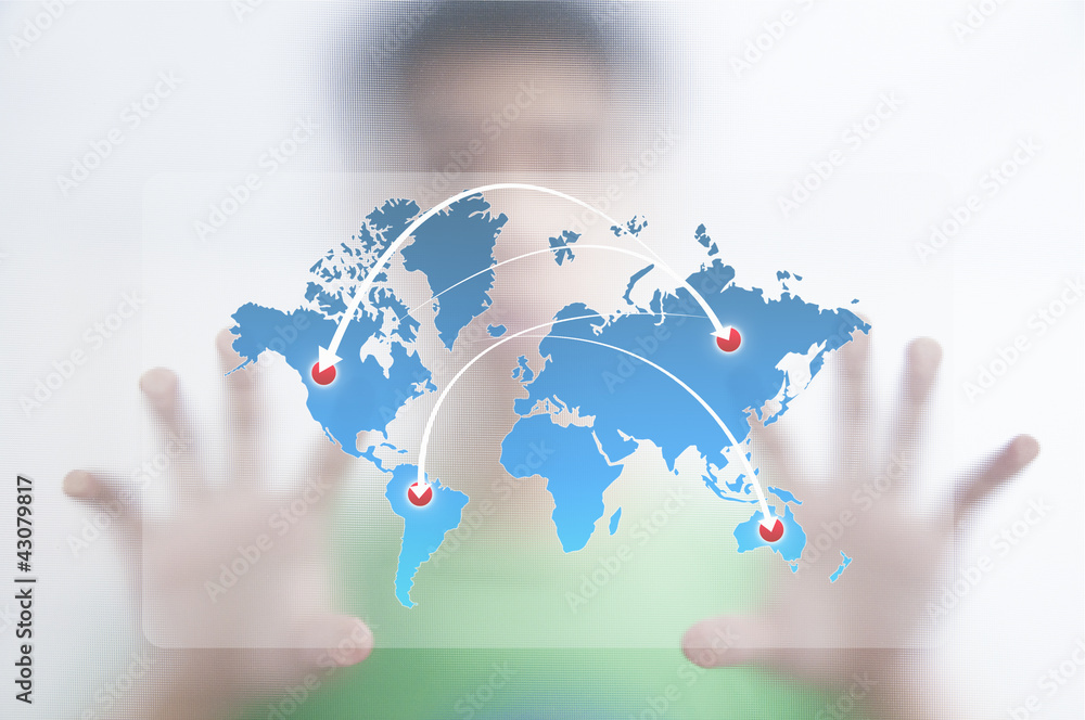Businessman point finger on world map with ARROW Businessman point finger on world map with ARROW