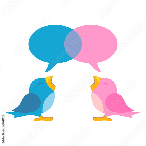 Blue and pink birds with talking balloons over white