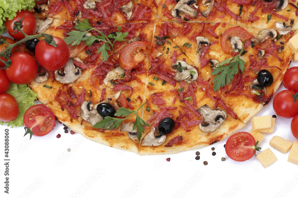 delicious pizza and vegetables isolated on white. delicious pizza and vegetables isolated on white.