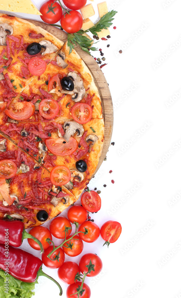 delicious pizza, vegetables and salami isolated on white.