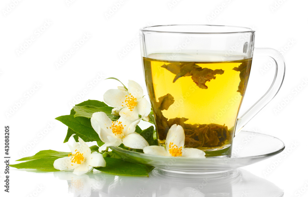 cup of green tea with jasmine flowers isolated on white