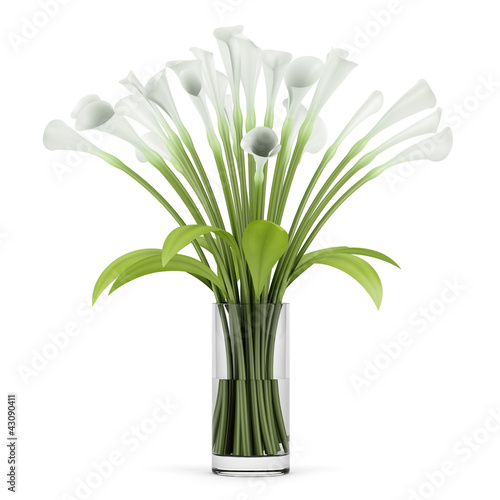 bouquet of lilies in glass vase isolated on white background