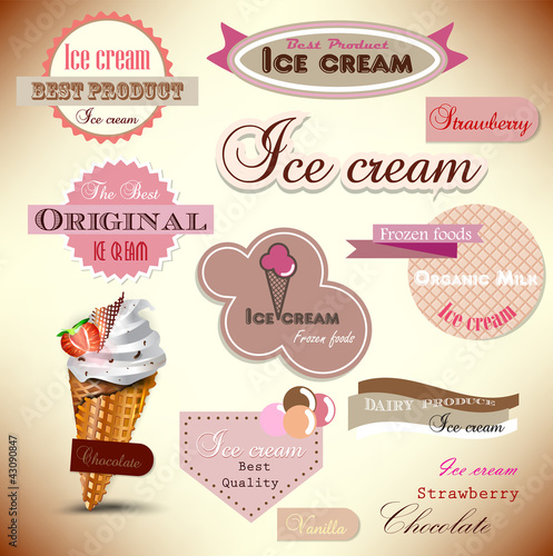 Set of vintage ice cream shop badges and labels