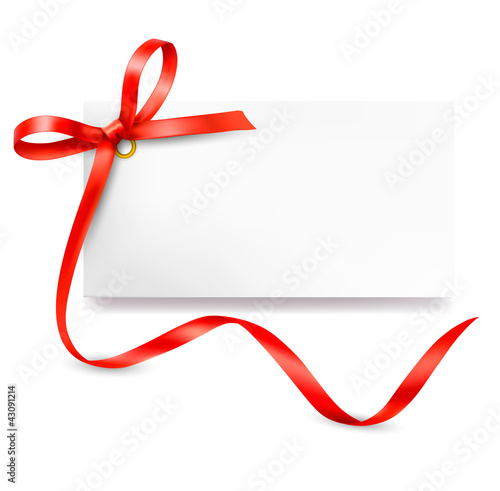 Card with red gift bow with ribbons. Vector