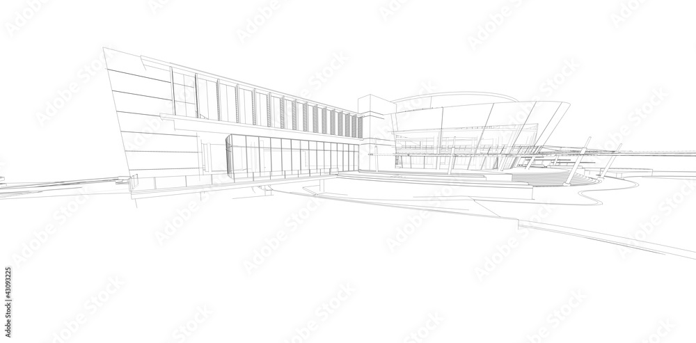 3D render wireframe of modern building