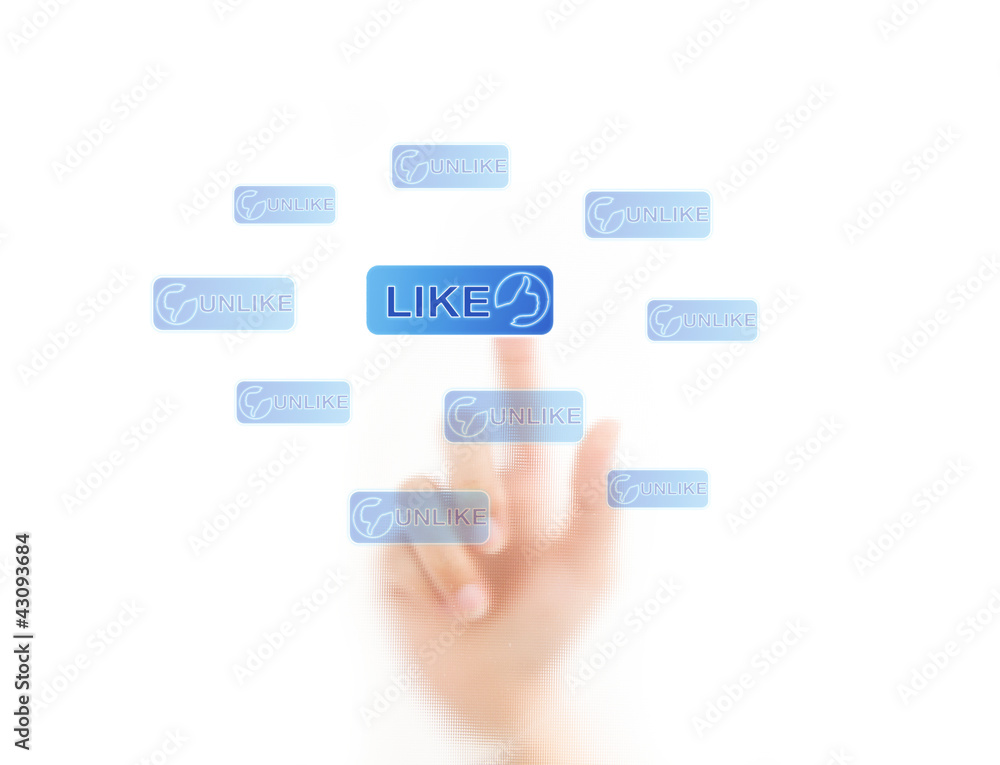 finger pressing Social Network icon on like button finger pressing Social Network icon on like button