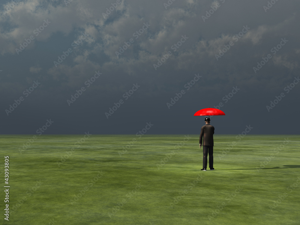 Man with red umbrella under gathering storm Man with red umbrella under gathering storm