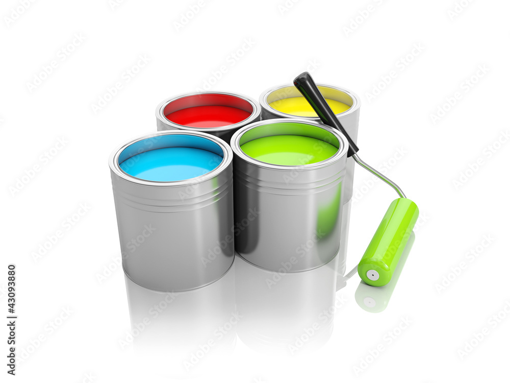 3d illustration: A group of cans of paint and roller 3d illustration: A group of cans of paint and roller
