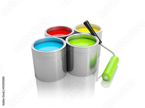 3d illustration: A group of cans of paint and roller