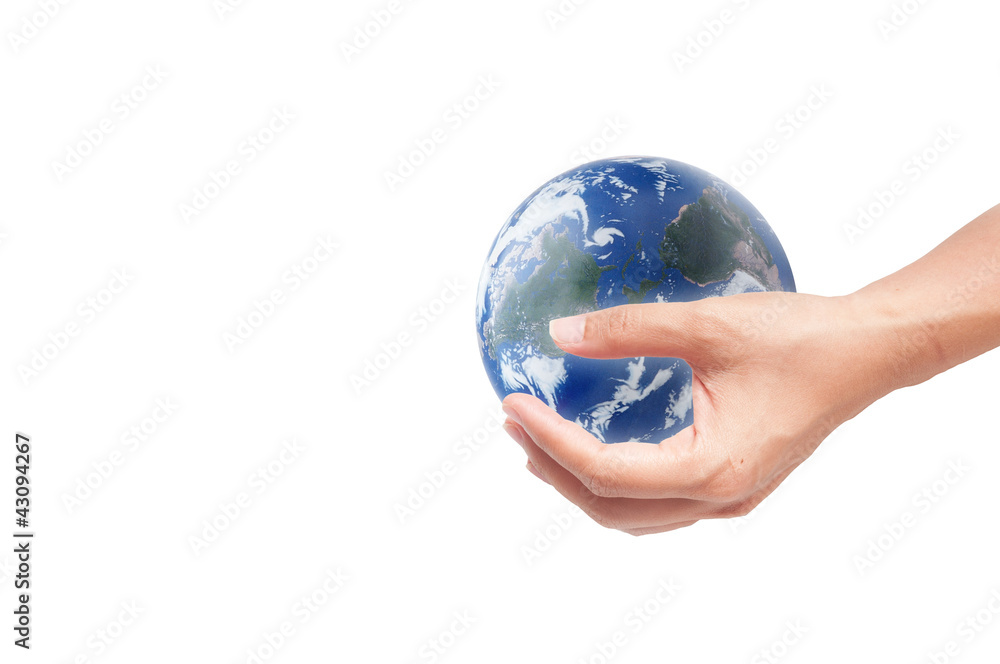 Hand with earth globe isolated on white background, ecology conc Hand with earth globe isolated on white background, ecology conc