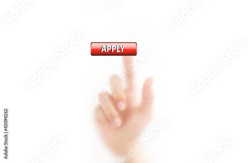 man finger pressing a apply button, isolated on a white backgrou photo
