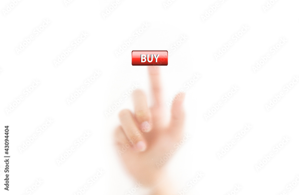 man finger pressing buy button, isolated on a white background.