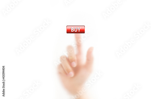 man finger pressing buy button, isolated on a white background. photo
