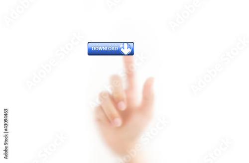 man finger pressing a download button, isolated on a white backg photo