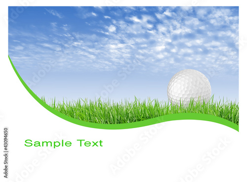 Fotografie Close-up of golf ball with green grass and blue sky for web desi