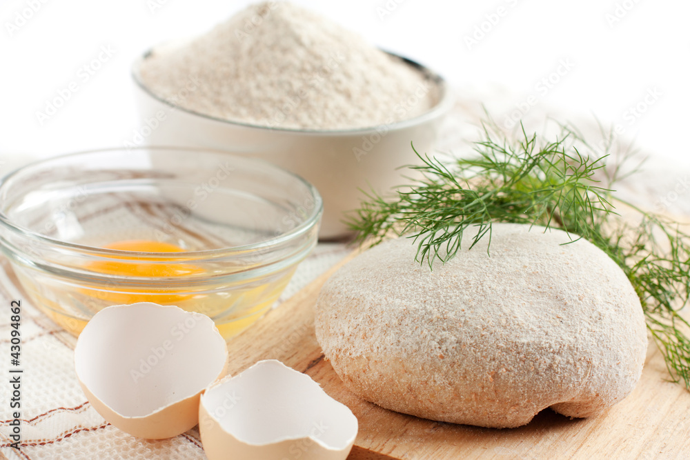 Close-up dough, flour and bran Close-up dough, flour and bran