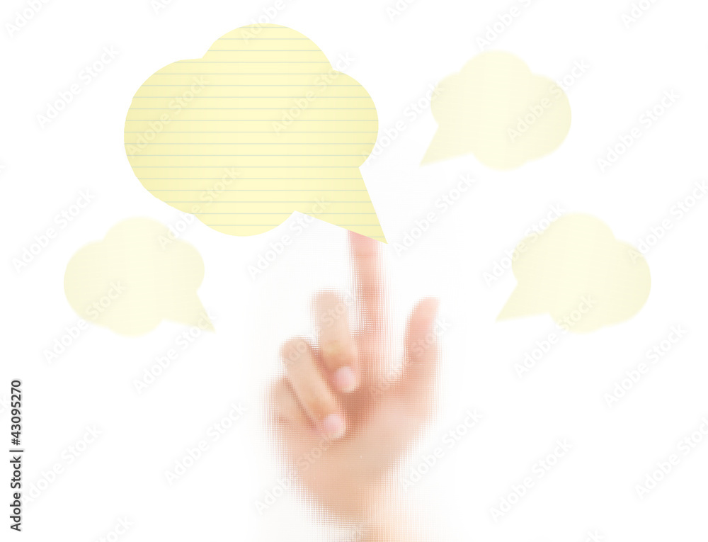 man finger pressing a bubble, isolated on a white background.