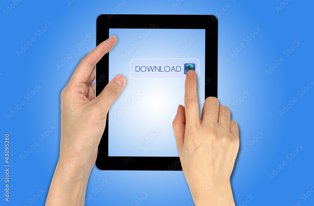 a male hand holding a touch screen device and pressing on downlo a male hand holding a touch screen device and pressing on downlo