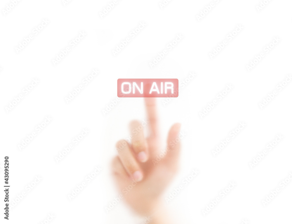 man finger pressing an on air button, isolated on a white backgr man finger pressing an on air button, isolated on a white backgr