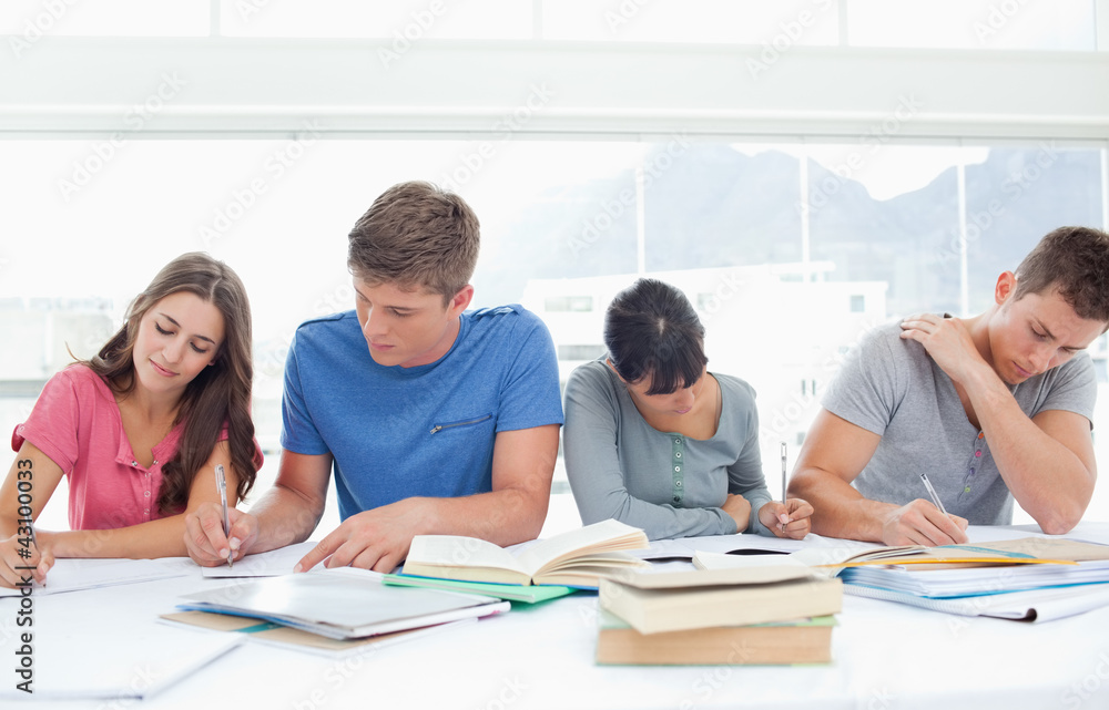 Four students sit beside each other and study Four students sit beside each other and study