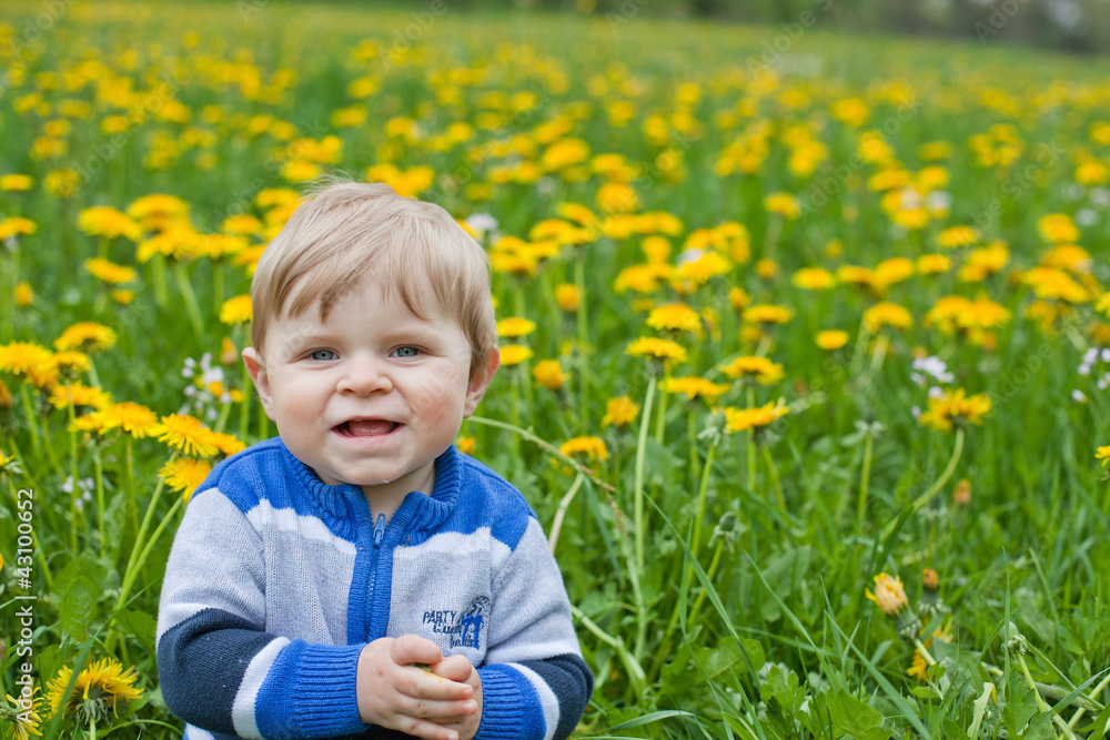 Blond boy in yellow dandelion field summer Blond boy in yellow dandelion field summer