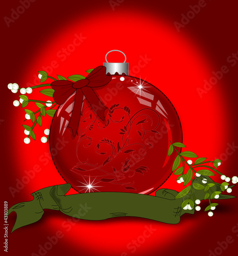 Weihnachtskarte mit Kugel und Mistelzweig