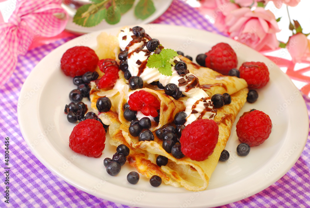 pancakes with blueberry and raspberry pancakes with blueberry and raspberry
