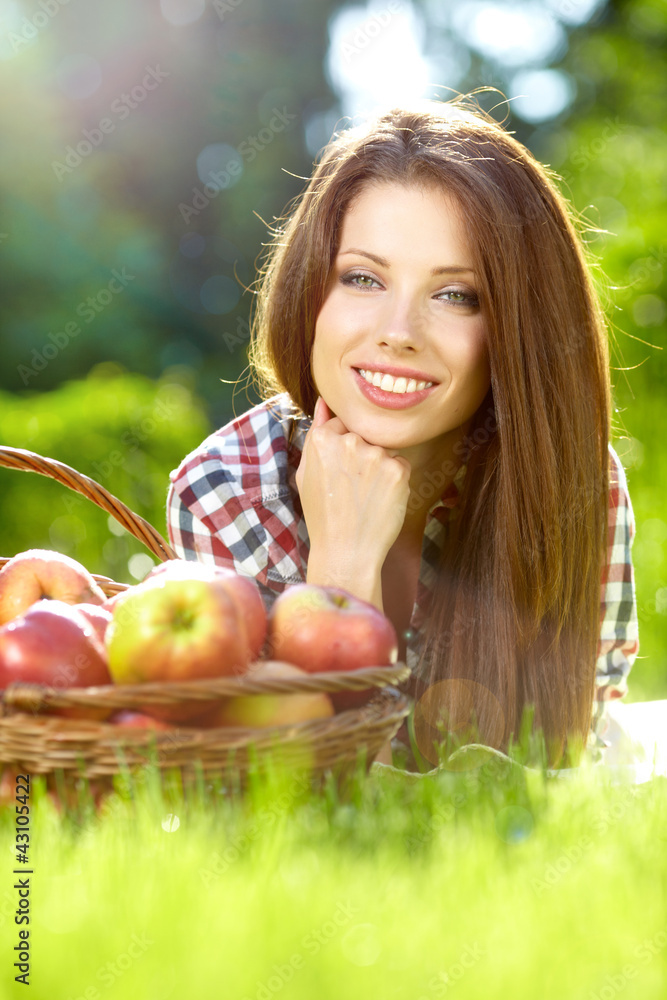 fruits in the basket with his wife. vitamins from your own gard fruits in the basket with his wife. vitamins from your own gard