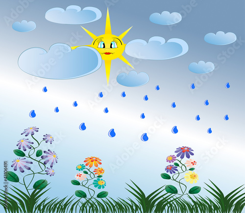 Summer rain, yellow sun, green flowers and grass nature illustra