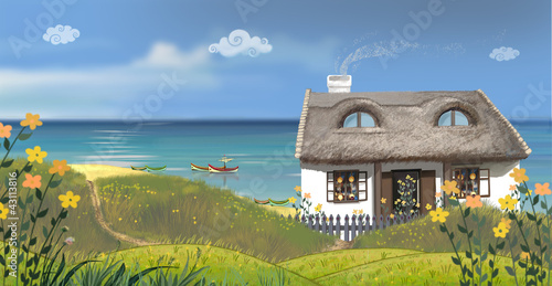 Photos The sunny day. The snug house on a seaside.
