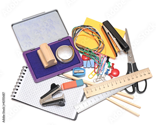 many office tools on white background
