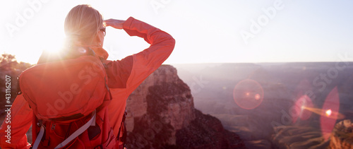 Woman Hiker Looking At Grand Canyon Arizona USA
