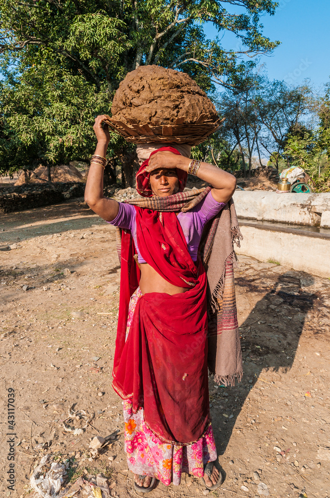 Eine indische Frau in rotem Sari, Rajasthan, Indien