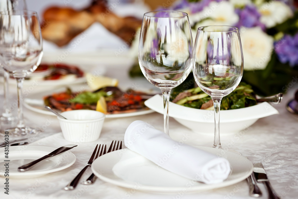 Empty glasses set in restaurant Empty glasses set in restaurant