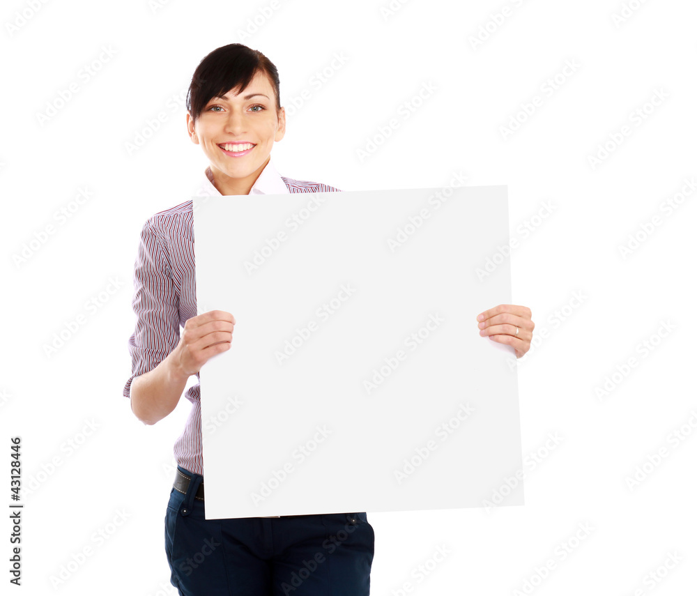 Beautiful young woman holding empty white board Beautiful young woman holding empty white board