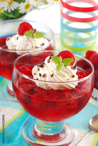 jelly dessert with raspberry and whipped cream