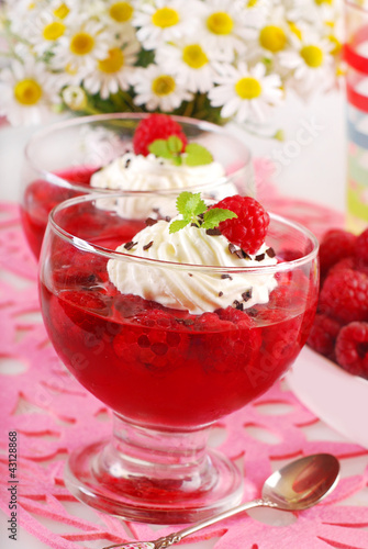 jelly dessert with raspberry and whipped cream