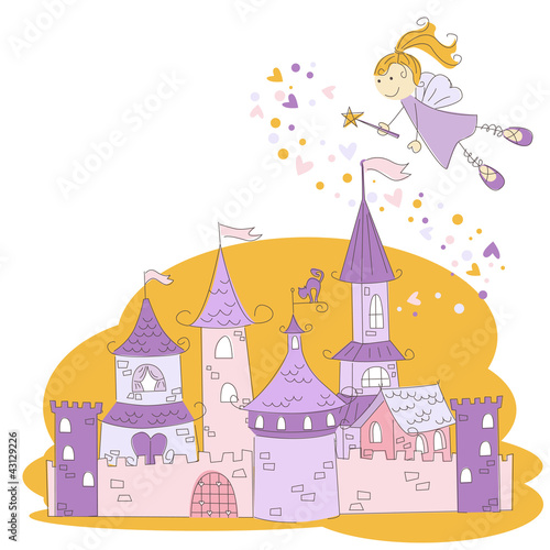 Illustration of a fairy with magic wand and princess castle