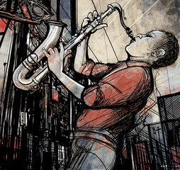 Wandcirkels Muziekband Saxofonist in nachtelijke stadsstraat  © Isaxar