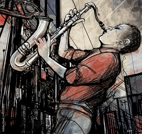 Obraz saksofonista na ulicy w nocy