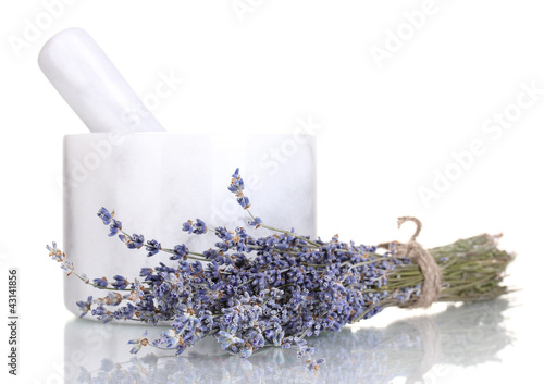 Fototapeta Naklejka Na Ścianę i Meble -  Lavender flowers with mortar isolated on white