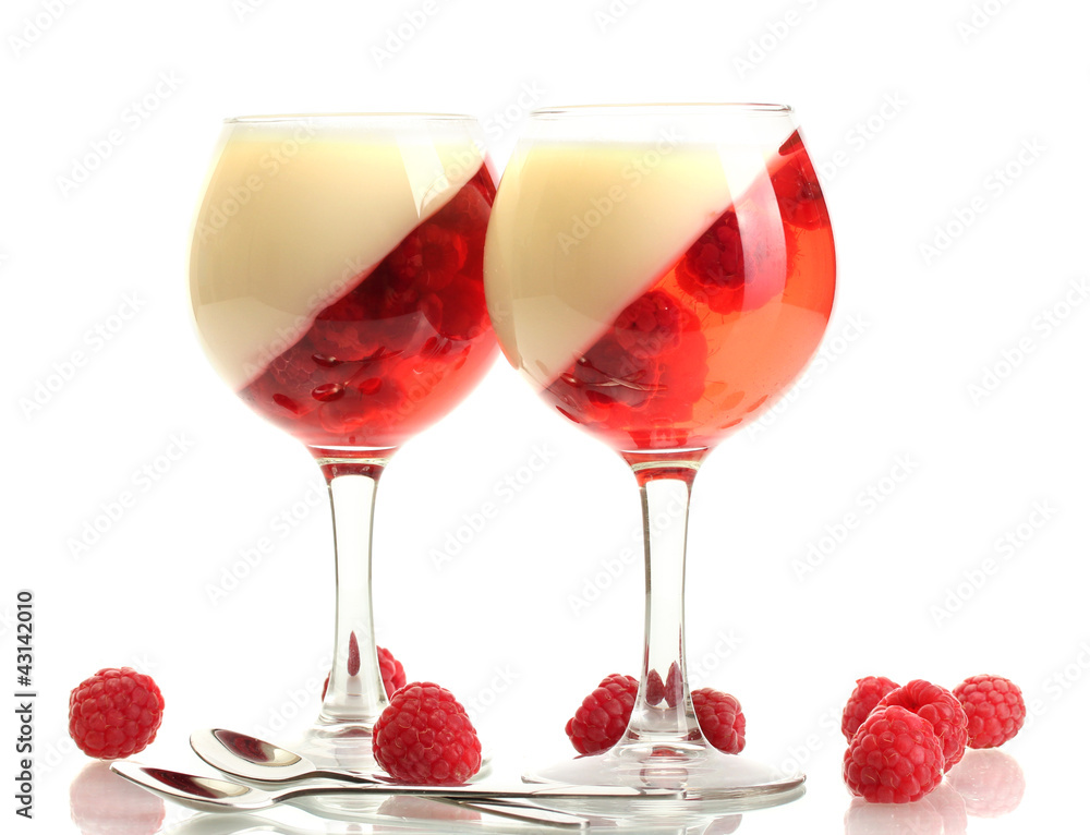 fruit jelly with raspberries in glasses isolated on white fruit jelly with raspberries in glasses isolated on white