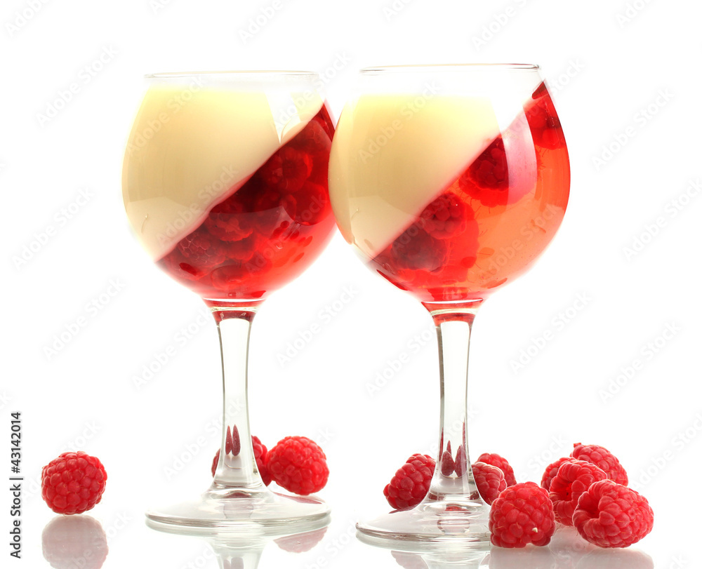fruit jelly with raspberries in glasses isolated on white fruit jelly with raspberries in glasses isolated on white