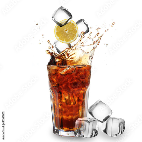 Cola glass with falling ice cubes over white #43145009