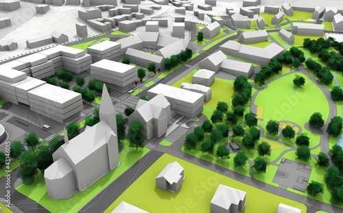 Fototapeta render of a city model in green and white