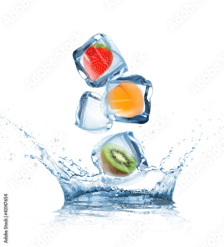Fruit in ice cubes in motion
