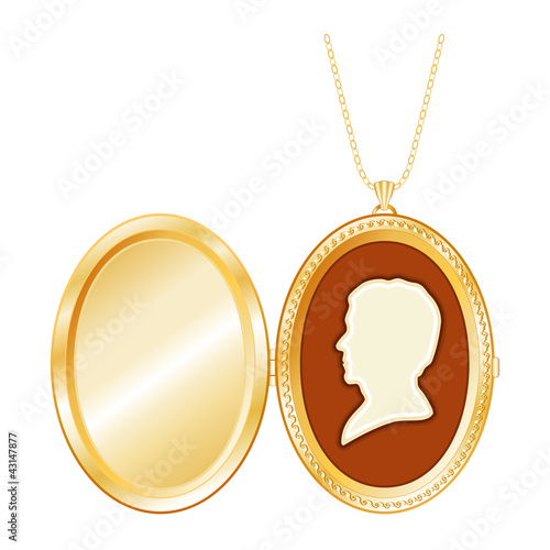 Vintage Man's Cameo, Antique Gold Locket, necklace, copy space