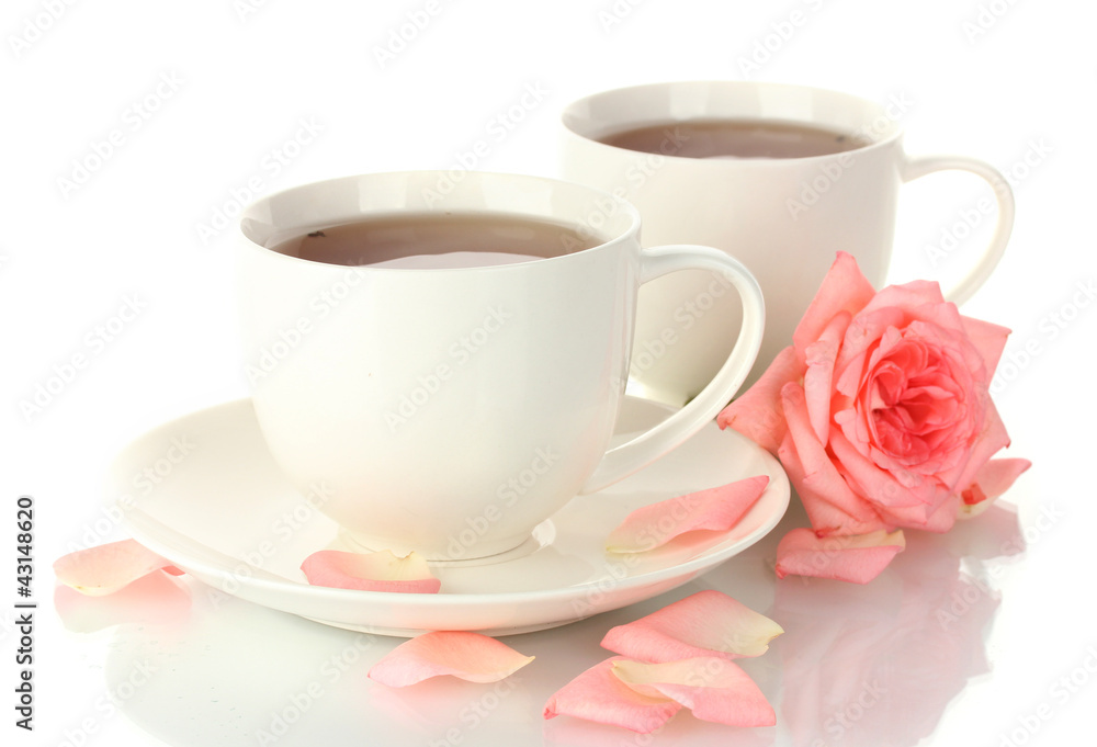 cups of tea with rose isolated on white cups of tea with rose isolated on white
